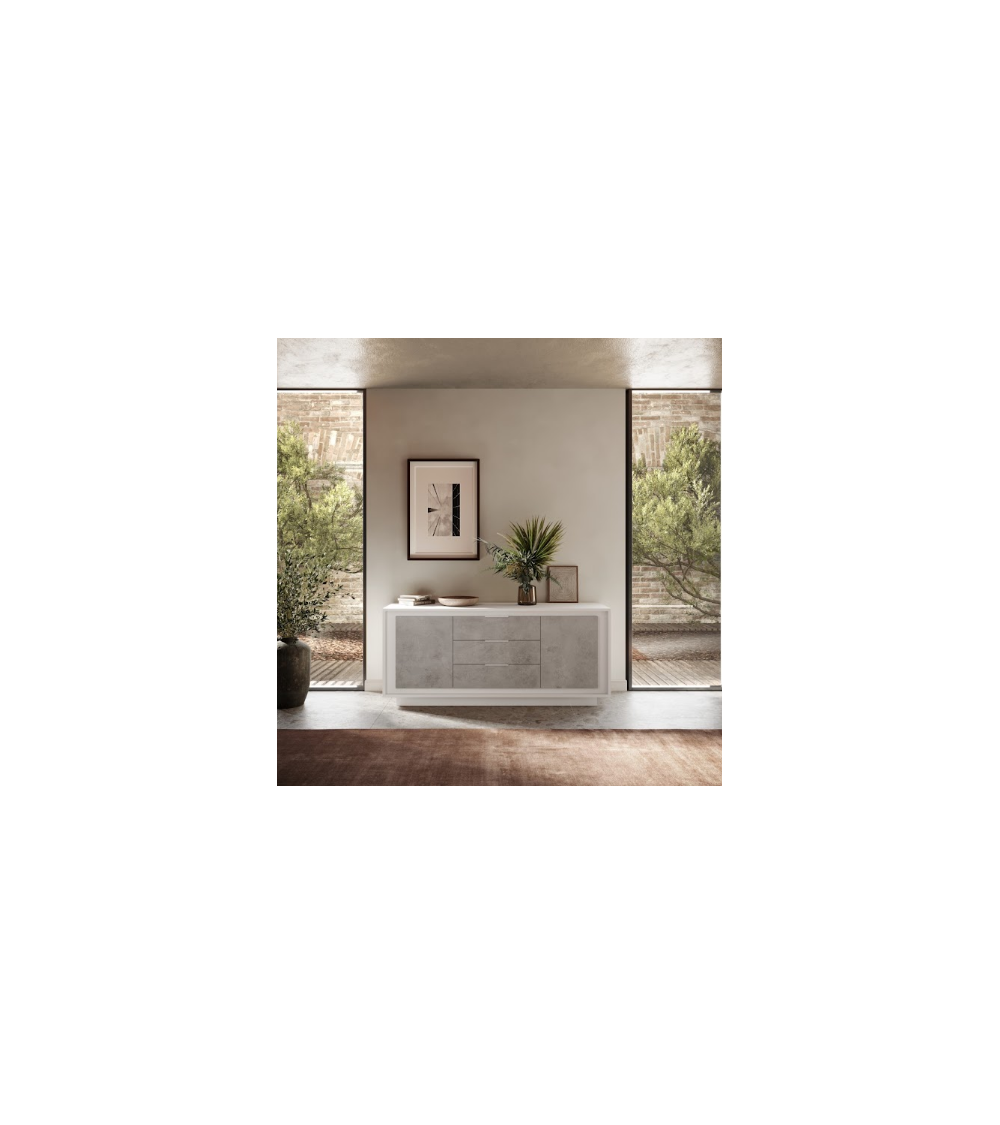 Buffet SKY 4 portes – Finition Blanc mat laqué / Ciment Buffet SKY 4 portes – Finition Blanc mat laqué / Ciment